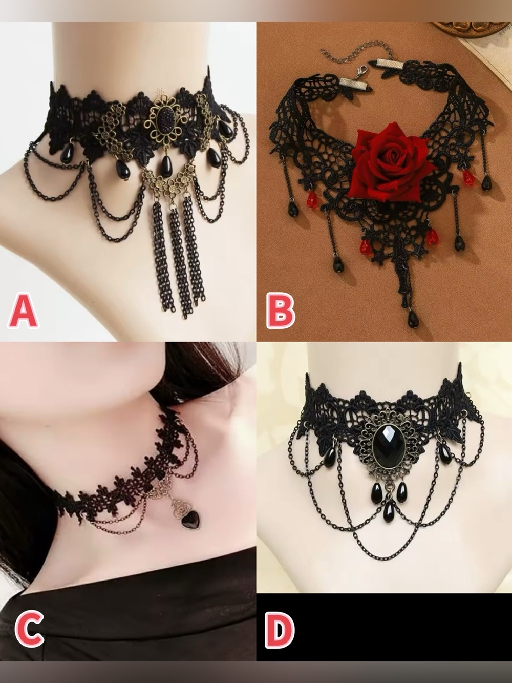 Black Gothic Lace Choker Necklace with Chains and Teardrop Pendants adjustable